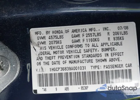 2009 Honda Accord 3.5 Ex-L z USA, uszkodzony, nr VIN 1HGCP36839A001031